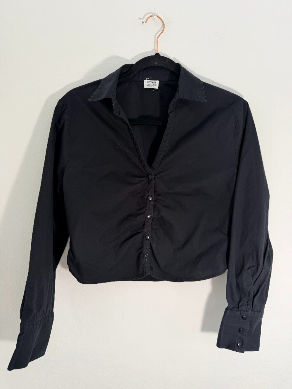 Cotton On Black Ruched Crop Button Front Blouse Top Size US 12 AU 16 - Picture 2 of 7